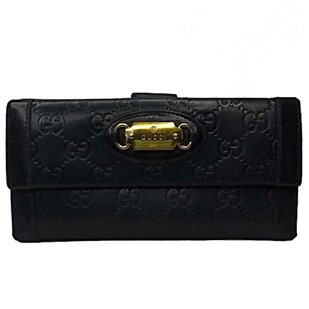 GUCCI GG Black Guccissima Long Trifold Snap Wallet W/ Gucci Gold Horsebit Accent